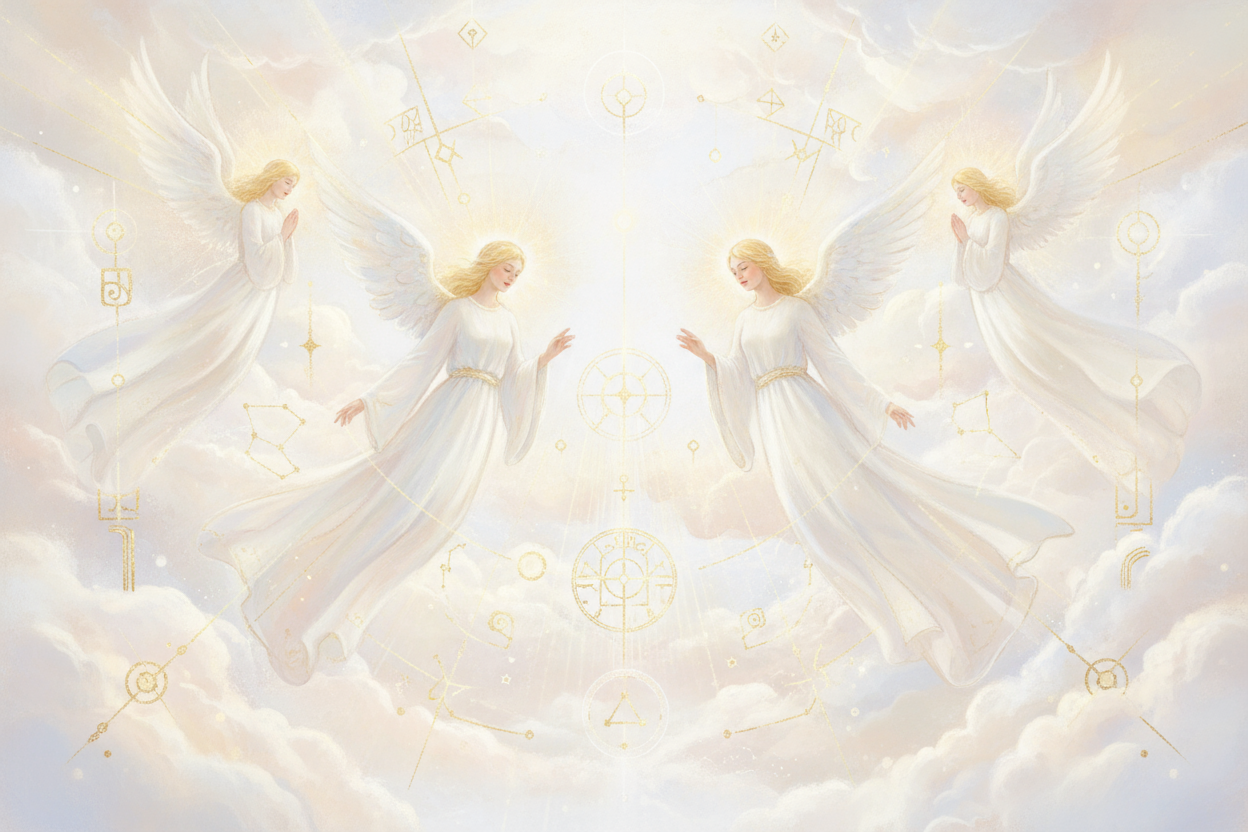 Ancient energy ethereal angel and spirits mystical fantal gold on white pastels