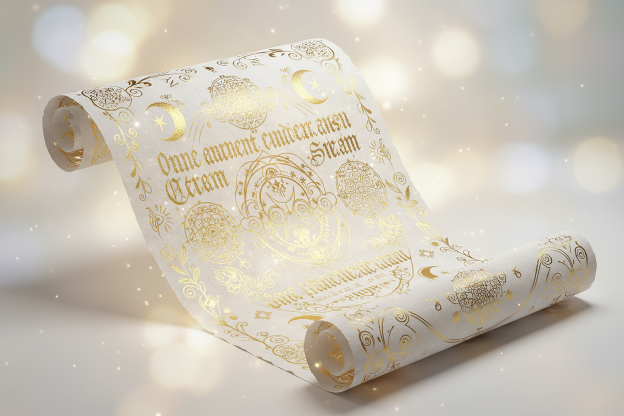 Beautiful ethereal mystical past life scroll gold on white 