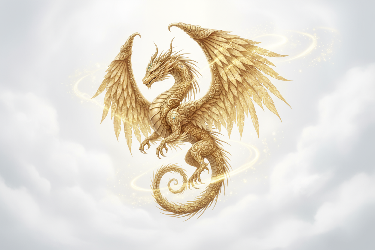 Dragons Mystical Fantasy gold on white ethereal