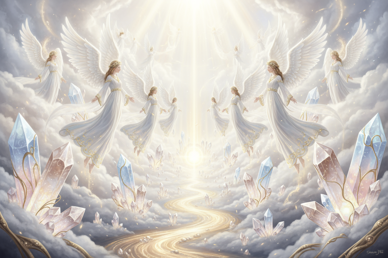 etheral angels and spirit guides fantasy crystals gold on white 