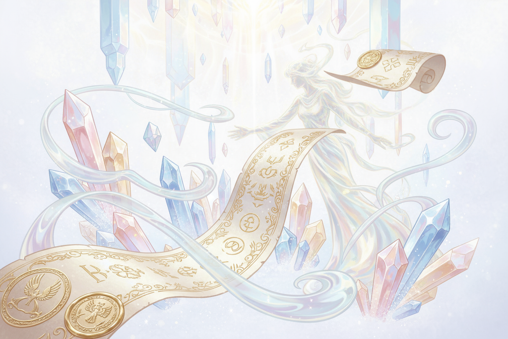 Etheral images spirit guided mystical crystals scrolls gold on white fantasy art