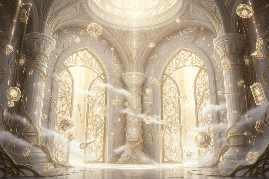 ethereal and mystical vault of light gold and white fantasy