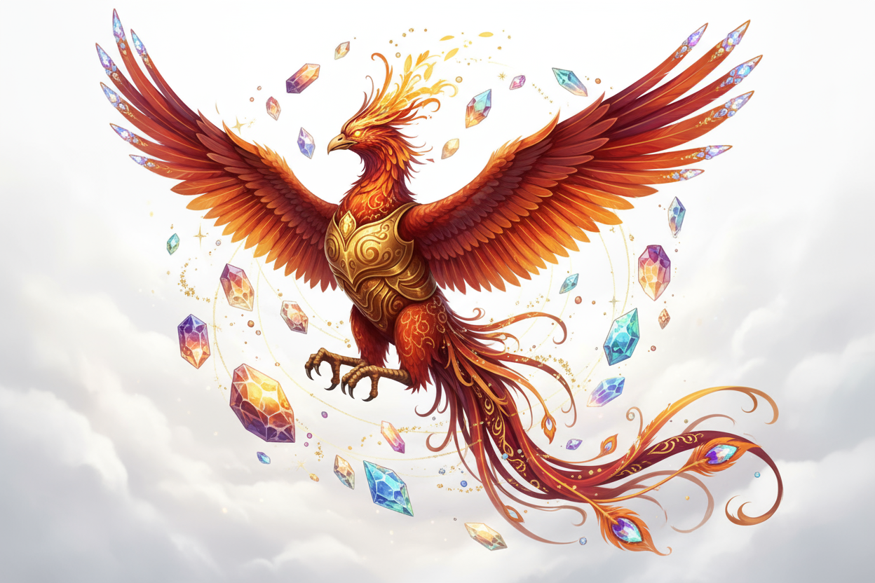 Pheonix mystical fantasy art with crystals and gold on white