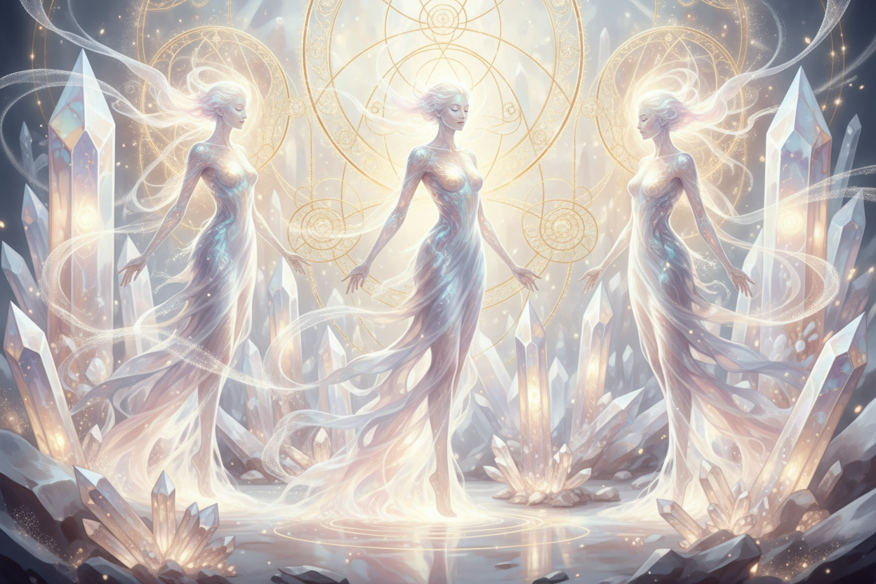 spirit guides and ethereal beings f light with crystals n gold and white pastels