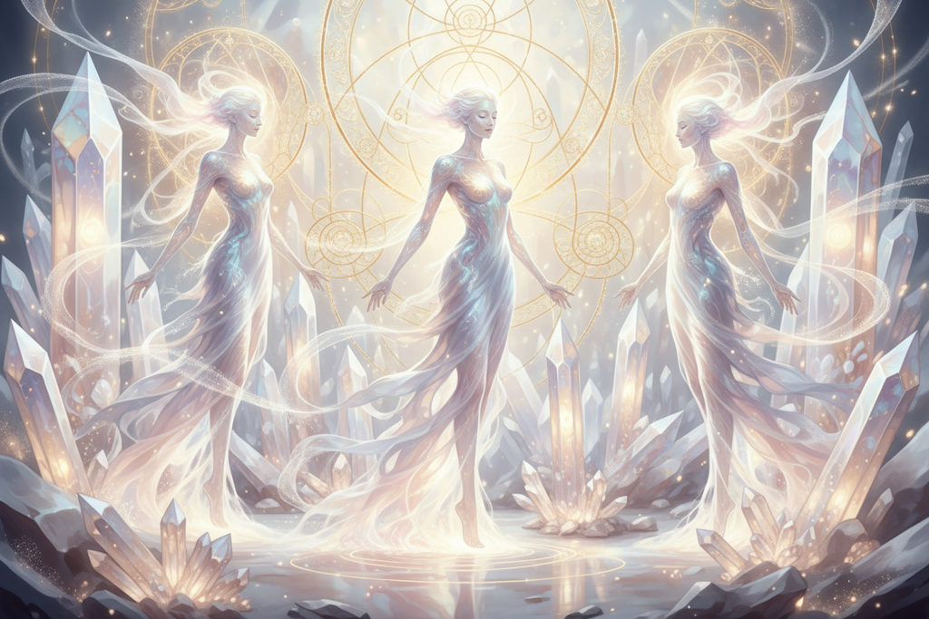 spirit guides and ethereal beings f light with crystals n gold and white pastels