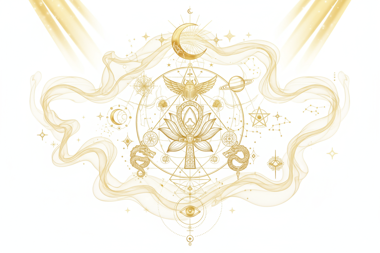spirit guides symbols and mystical ethereal energy gold on white