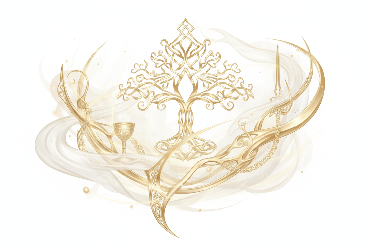 Whispers of Avalon ethereal gold on white image 